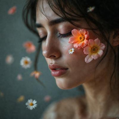 The primary subject of the image is a woman with a flower on her face. She is surrounded by a field of flowers, which adds a natural and vibrant atmosphere to the scene. The visual style of the image is a close-up of the woman's face, with the flower and the surrounding flowers creating a beautiful and artistic composition. The colors in the image are predominantly white and pink, which contribute to the overall mood of the scene.